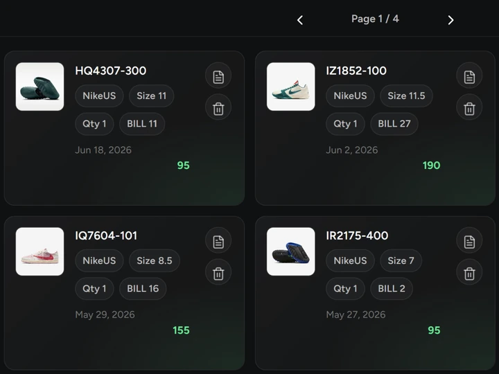 NikeShoeBot Copped tab with four Nike US checkouts, each with the style code, size, quantity, date and item price.