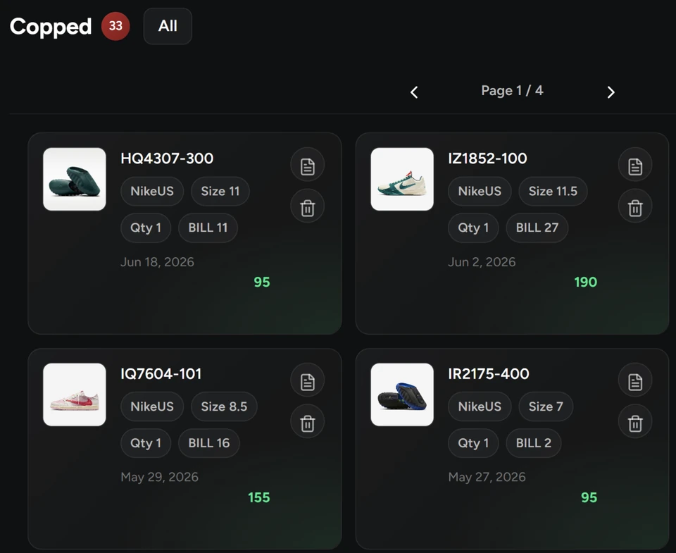 NikeShoeBot Copped tab showing four Nike US checkouts, each with the style code, size, quantity, billing profile label and date.