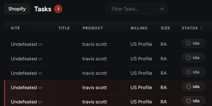 NikeShoeBot Tasks tab for a Shopify task group: a table of tasks with site, product keyword, billing profile, size and an Idle status.