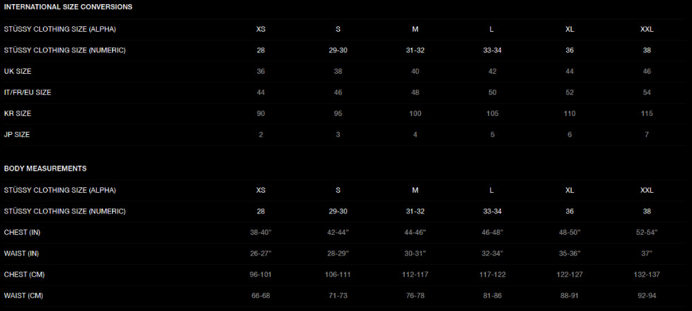 stussy size guide charts NSB