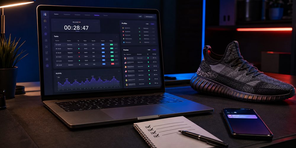 Sneaker bot setup checklist with laptop, proxies, tasks and release countdown