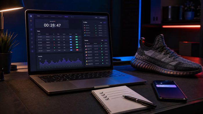 sneaker-bot-setup-checklist Sneaker bot setup checklist with laptop, proxies, tasks and release countdown